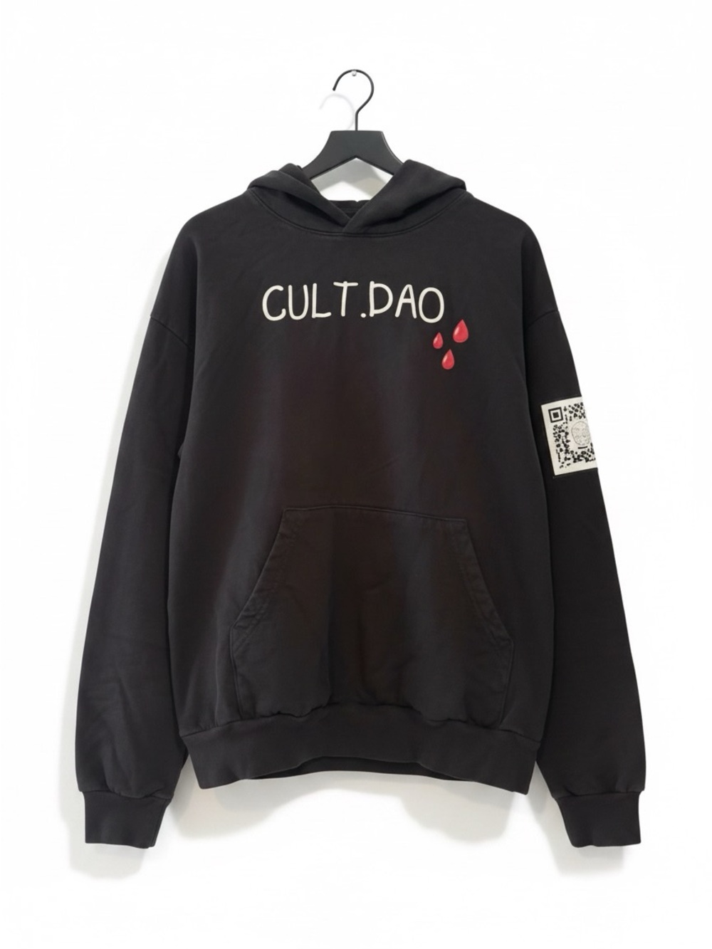 CULT DAO Black Hoodie with Red Droplet Accent